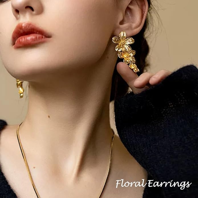 Flower Earrings for Women,Boho Statement Large Double Flower Earrings Trendy Chunky Floral Stud Earrings Elegant Chic