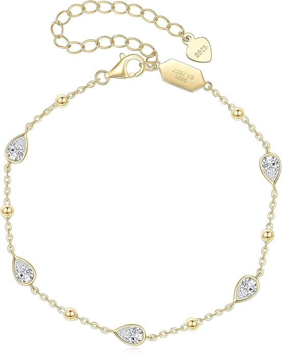 Pear Moissanite Link Bracelet, 1.75cttw D Color VVS1 925 Sterling Silver Adjustable 5-Stone Pear Bracelets for Women Mom Wife Birthday Jewelry Gifts