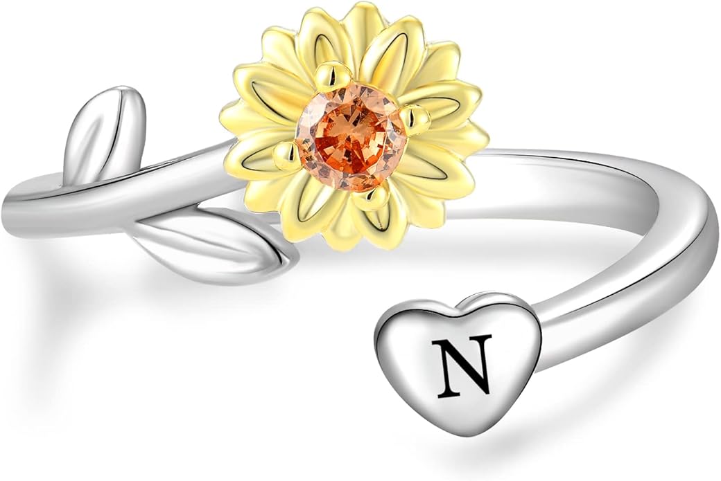 STARCHENIE Sunflower Initial Ring for Women 925 Sterling Silver Letters A-Z 26 Alphabet Adjustable Ring Size 7