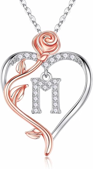 Iefil Valentines Day Gifts for Her - 925 Sterling Silver Rose Heart Initial Necklace, Anniversary Birthday Gifts for Women, Jewelry Gift for Her Wife Girlfriend