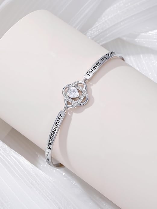 Valentines Day Gifts for Her, 18k White Gold Plated Love Knot Bracelets, Engraved Inspirational and Sentiment Bangle, Anniversary Birthday Jewelry Gift for Lover Wife Girlfriend Sister Friends