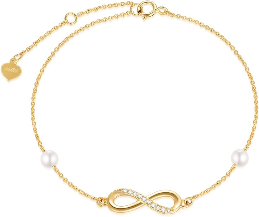 14k Gold Natural Diamond Infinity Anklets for Women, Real Gold Pearl Jewelry Ankle Bracelet Gifts for Her, 9.4-11 Inch