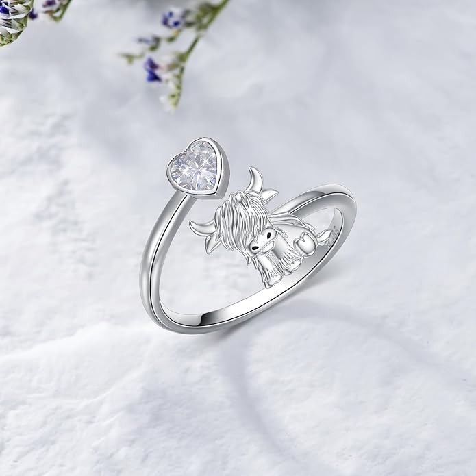 Highland Cow Ring 925 Sterling Silver Adjustable Ring Birthstone Ring Engraved Name Highland Cow Gifts Jewelry for Women