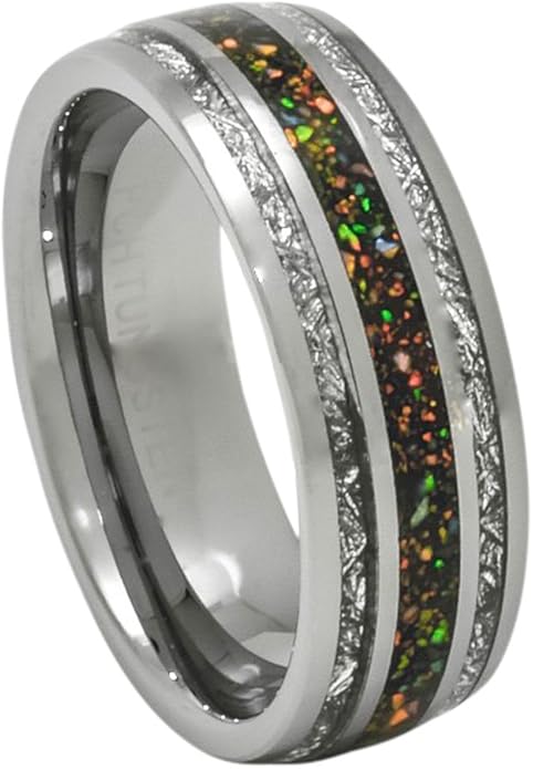 Created-Opal Ring with Imitated Meteorite 8mm Tungsten Wedding Band or Gift 7-13
