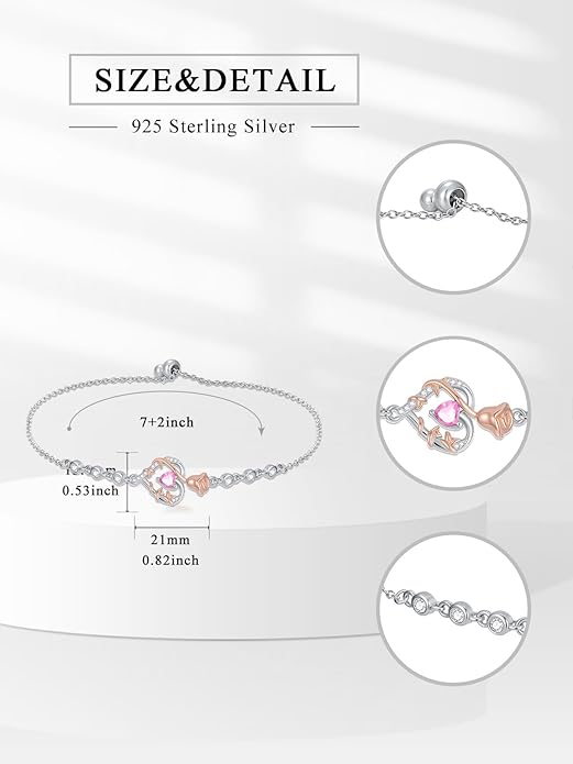 Birthstone Charm Link Bracelet 925 Sterling Silver Rose/Heart/Mom Bracelet with 12 Months Birthstone Mother's Day Gift Jewelry Gifts for Women,Chain Length 7"+2" Extend