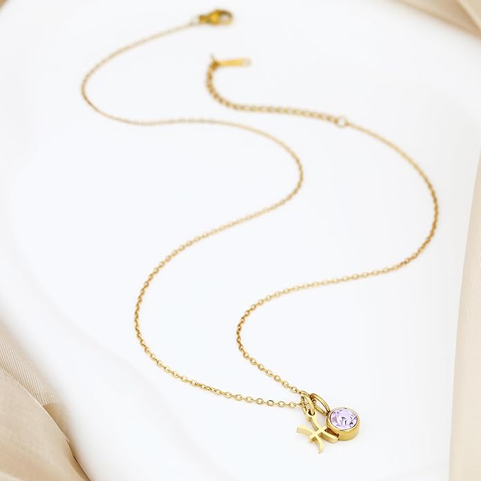 MISS RIGHT Initial Birthstone Necklace for Women - Personalized Gifts Birthday Gifts for Women Stainless Steel 18K Gold Plated Dainty Gold Zodiac Sign 12 Constellation Horoscope Necklace Jewelry