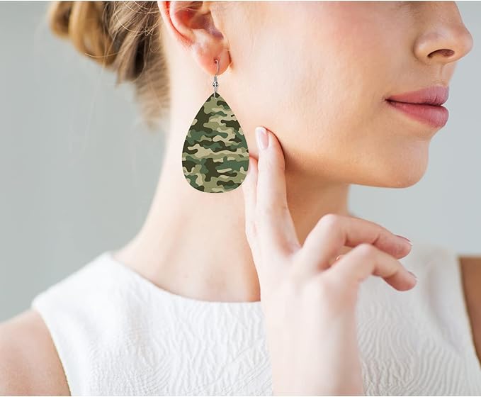 Military Camouflage Leather Teardrop Earrings For Women Green Shadow Jungle Camouflage Western Earrings For Friends Gift Drop Dangle Earrings