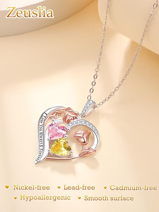 Valentine's Day Gifts for Wife 925 Sterling Silver Double Birthstone Pendant Necklaces I Love You for Always and Forever Necklace Anniversary Birthday Gifts for Wife Girlfriend Mom Her