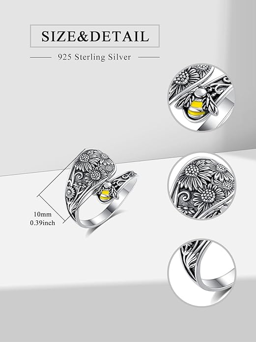 Midari Sun and Moon/Bee/Celtic/Life of Tree/Lotus Spoon Ring for Women 925 Sterling Silver Adjustable Ring Open Ring for Women Men Halloween Birthday Gift