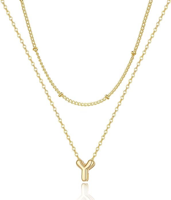 Valentines Day Gifts for Her - Bubble Letter Necklace Layered 14K Gold Plated Initial Necklaces for Women Dainty Cute Choker Pendant Stack Jewelry Fashion Accessories Teen Gift Trendy Stuff