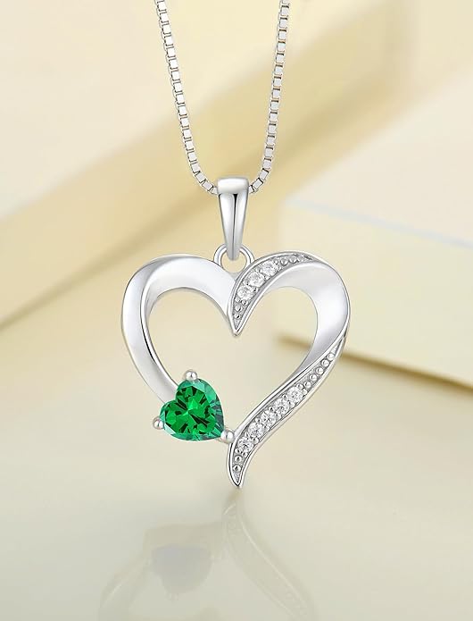 YL Heart Necklace 925 Sterling Silver Love Heart Pendant Birthstone Jewelry for Women