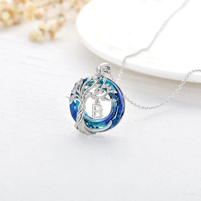 TOUPOP Gifts for Women Tree of Life Necklace 925 Sterling Silver Initial Pendant Family Tree Crystal Jewelry Valentine's Day Birthday Gifts for Her Mom Wife Girlfriend Daughter