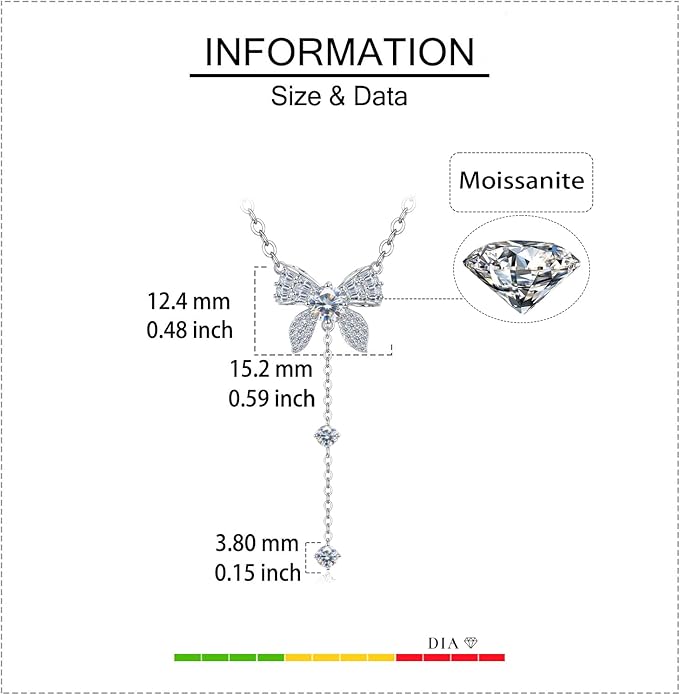 925 Sterling Silver Butterfly Moissanite Necklace for Women, D Color Moissanite Pendant with Delicate Chain Jewelry Gift for Her