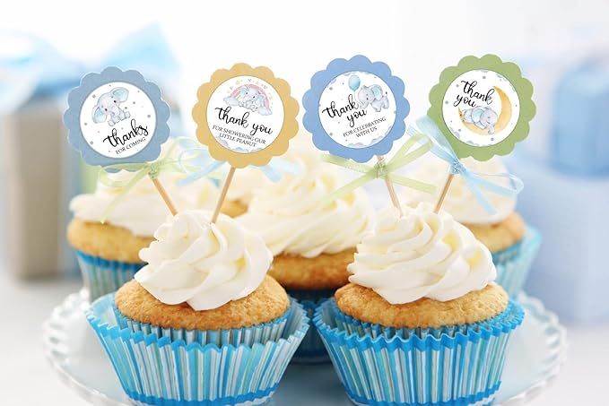 80 Pieces Cute Elephant Thank You Stickers, Baby Shower Birthday Party Decorate Watercolor Elephant Themed Party Gift Wrap Bag Label Decorations, 4 Design Stickers