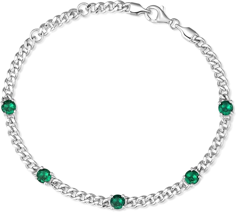 FANCIME 925 Sterling Silver 3.6mm Cuban Link Curb Chain Bracelet With Created Gemstone for Women Men Unisex