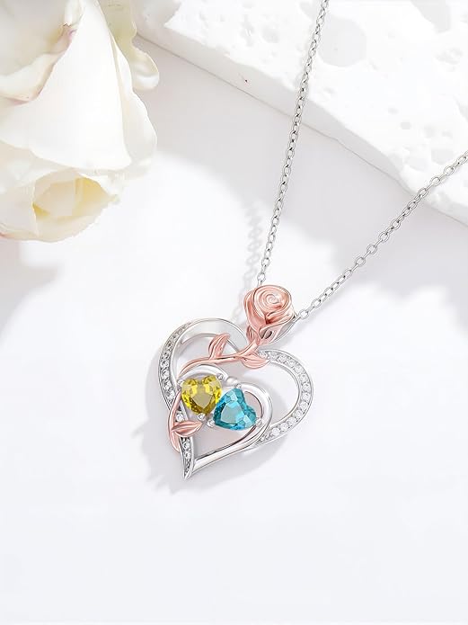 Rose Flower Heart Pendant for Women Birthday Gifts 18k Gold Plated Mother Daughter Necklace with 12 Months Birthstone Christmas Valentines Day Gifts for Her Mom Anniversarry Jewelry for Mom Wife Girlfriend