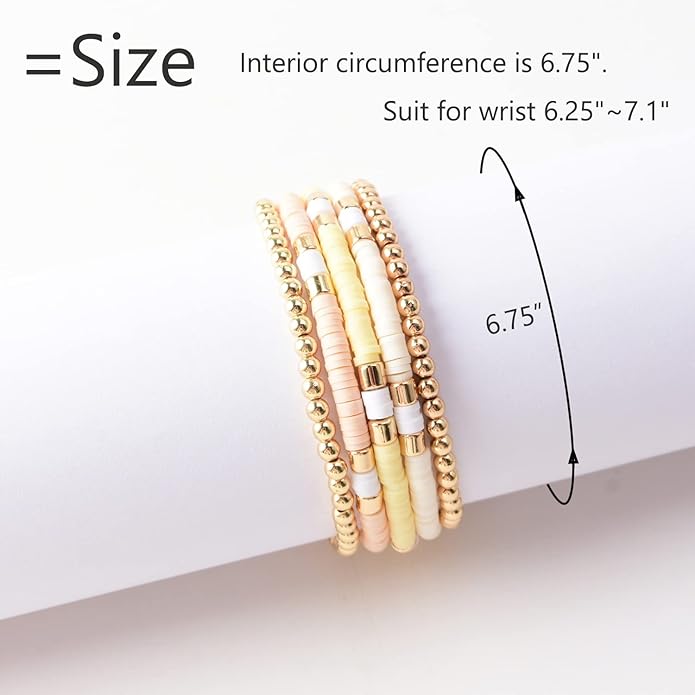 GOOJIDS Surfer Heishi Clay Bead Bracelets for Women Bohemian Stackable Gold Plated Beaded Stretch Bracelets Elastic Layering Friendship Bracelets Set Boho Jewelry