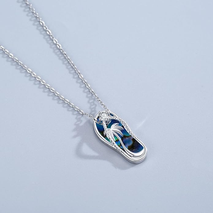 Midir&Etain Ocean Necklace 925 Sterling Silver Blue Opal Necklace Starfish/Flip Flop/Shark Pendant Beach Ocean Jewelry for Women