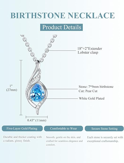 Birthstone Necklaces for Women Infinity Pendant S925 Sterling Silver Teardrop Pendant Necklace Anniversary Birthday Gifts for Women Wife Christmas Gifts for Her Mom Lady