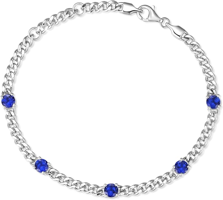 FANCIME 925 Sterling Silver 3.6mm Cuban Link Curb Chain Bracelet With Created Gemstone for Women Men Unisex