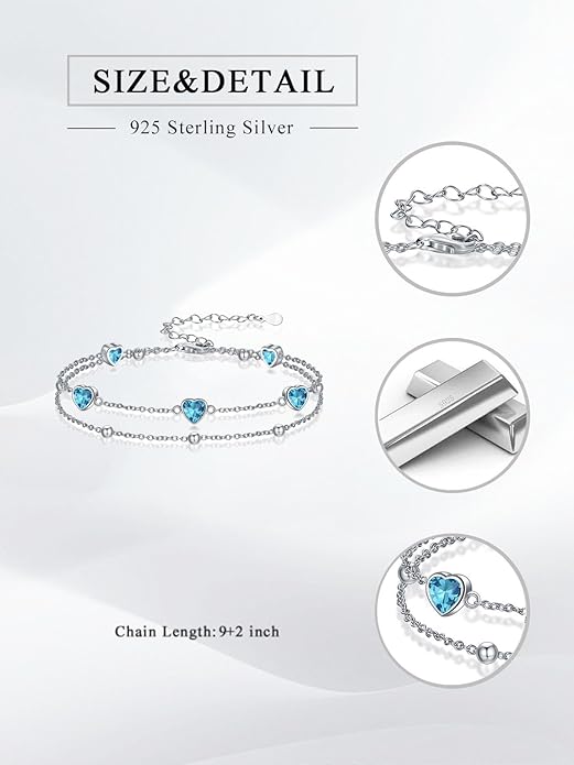 Birthstone Anklet/Bracelets for Women 925 Sterling Silver Charm Link Double Strand Heart Birthstone Jewelry Gift for Wife Women Mother's Day Gift