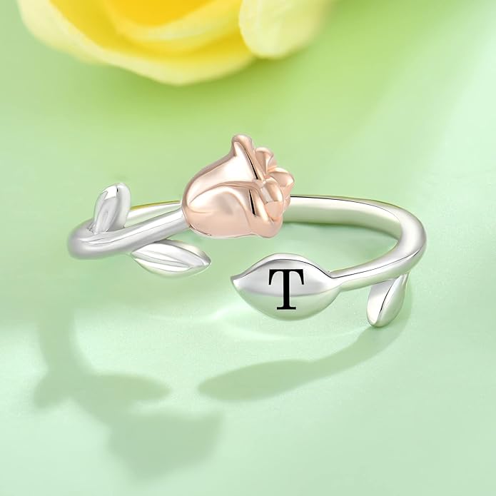 STARCHENIE Rose Initial Ring for Women 925 Sterling Silver Letters A-Z 26 Alphabet Adjustable Ring Size 7