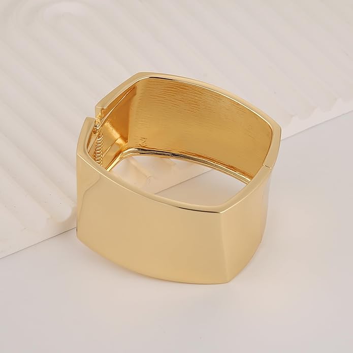 HZMAN 18K Gold Plated Wide Cuff Bracelet for Women - Premium Alloy Shiny Polished Double Layer Statement Bangle, Trendy Daily Wear Party Jewelry Accessory