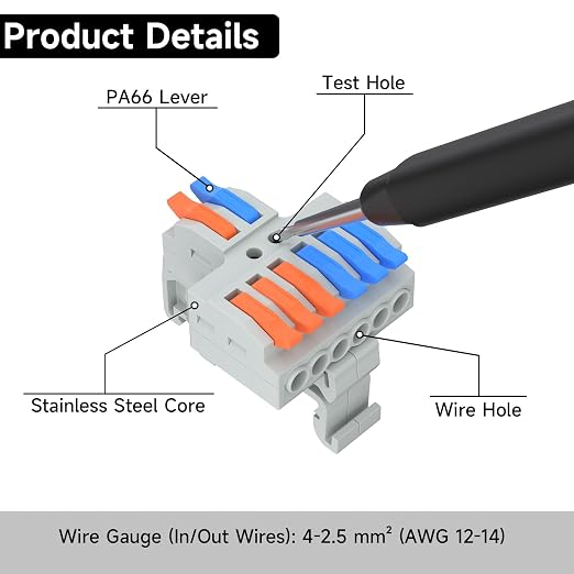 5Pcs Lever Wire Connectors, 2 in 6 Out, 4-2.5 mm² | 4-2.5 mm² Quick Wiring DIN - Image 5
