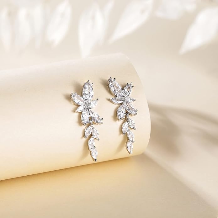EAMTI Silver Dangle Earrings for Women Cubic Zirconia Marquise Bridal Wedding Earrings 925 Sterling Silver Post Engagement Earring