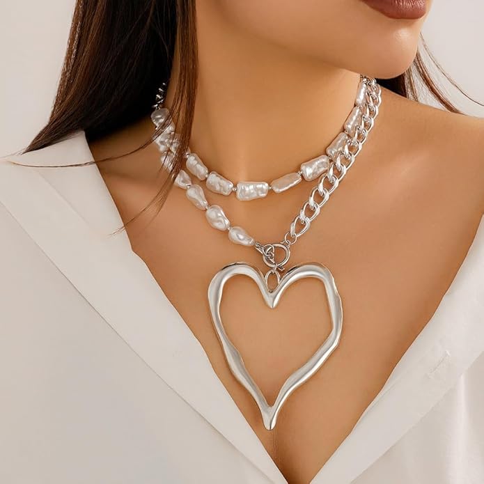 Chunky Gold Heart Necklace for Women,Y2K Big Heart Statement Necklace Long Puffy Hearts Chain Charm Necklaces Trendy Jewerly