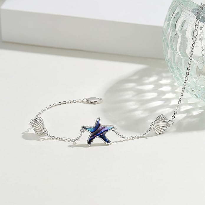Cuoka Abalone Starfish Bracelet for Women S925 Silver Plated Adjustable Shell Sea Beach Ocean Bracelet Summer Beach Jewelry