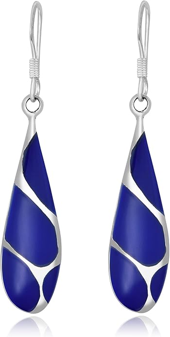 AeraVida Vintage Streaked Teardrop Simulated Blue Lapis Lazuli .925 Sterling Silver Dangle Earrings | Shiny Fish Hook Earrings | 9x45mm Lightweight Gift Jewelry for Women
