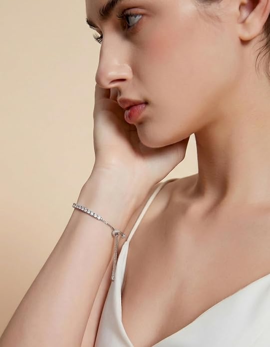 KRKC&CO Moissanite Bolo Tennis Bracelets for Women, 1.6-8.0 ct.tw, Adjustable Length S925 Sterling Silver, Christmas Gifts for Her, Luxury Box, 2/3/4mm D Color VVS1 White/14K/24K/Rose Gold Plated