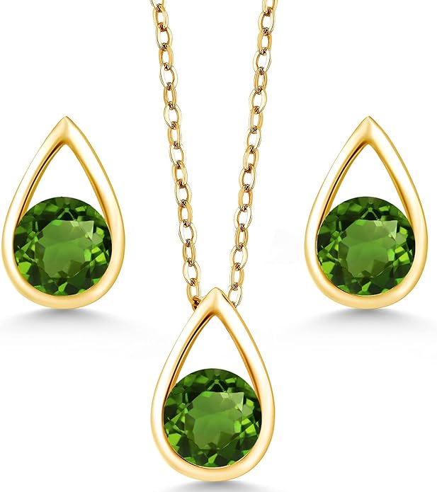 Gem Stone King 18K Yellow Gold Plated Silver 5MM Round Gemstone Birthstone Teardrop Pendant Earrings Set | Jewelry Set for Women | With 18 Inch Chain