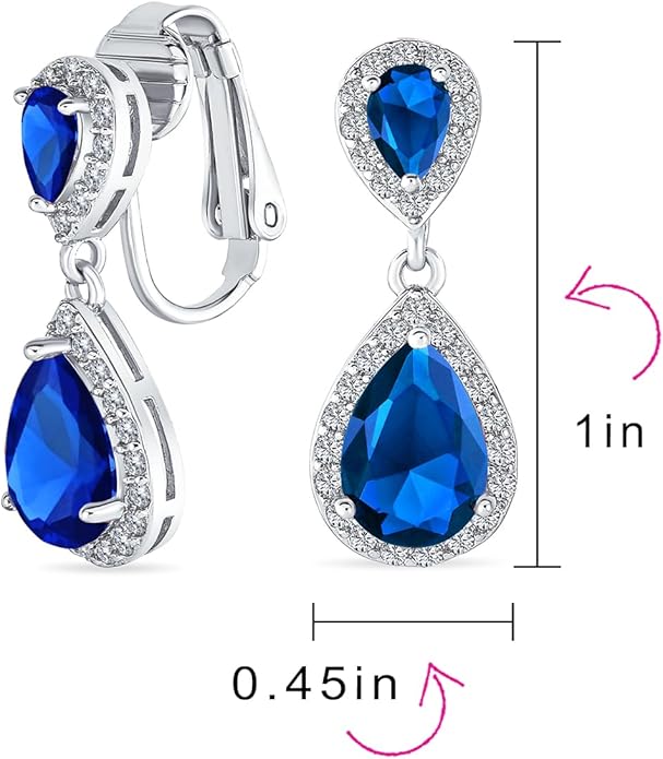 Vintage Style Bridal Cubic Zirconia Simulated Gemstone AAA CZ Halo Dangle Teardrop Chandelier Clip On Earrings For Women Silver Rose Gold Plated in Black Purple Blue Red Rose Pink Green Clear