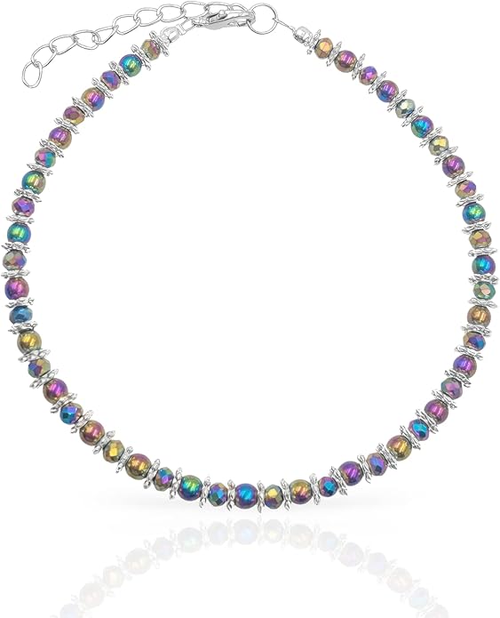 BESHEEK Rainbow Anklet Bracelet Hue Twisted Hematite and Round Artisan Beaded Anklet with Extension Handmade Hypoallergenic Beach Gala Wedding Style Jewelry