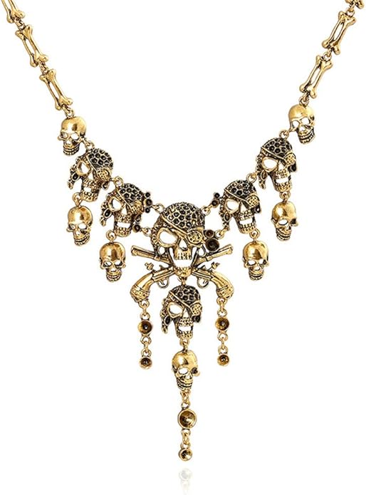 Jewelry Fashion Multi-Level Pirate Skull Tassel Charm Necklace Collar Bib for Women Horror Necklace Punk