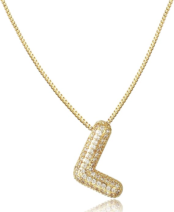 SKQIR Diamond Initial Letter Necklace for Women Bubble Gold Plated Puffy Balloon Alphabet Crystal Zircon Pendant Name Necklace Dainty Charms Trendy Jewelry Gift for Women