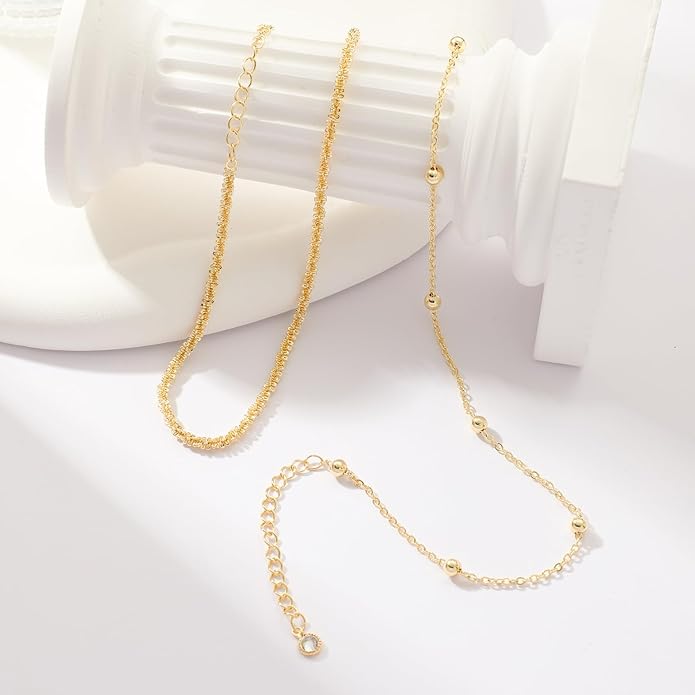 MIDEEO Gold/Silver Ankle Bracelets for Women,14K Gold Anklets for Women Waterproof Cuban Link Heart Beads Herringbone Rhinestone Anklets Set Layered Anklet Bracelets for Women Gold Jewelry Gift