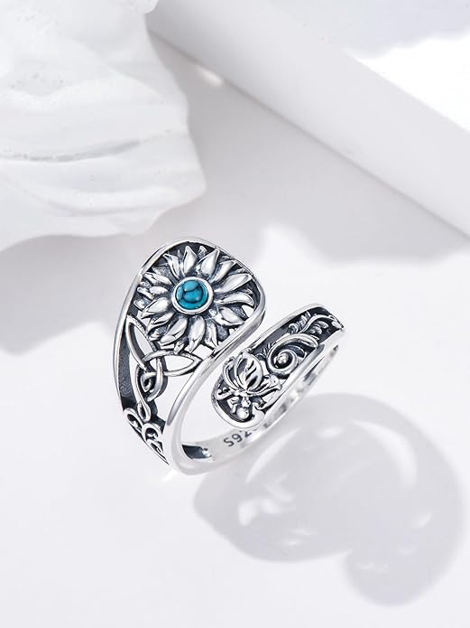 Midari Sun and Moon/Bee/Celtic/Life of Tree/Lotus Spoon Ring for Women 925 Sterling Silver Adjustable Ring Open Ring for Women Men Halloween Birthday Gift
