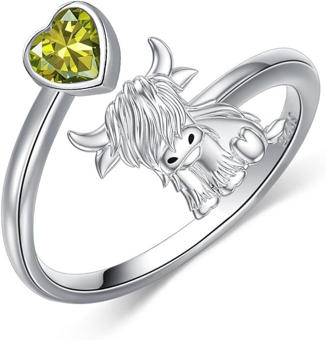 Highland Cow Ring 925 Sterling Silver Adjustable Ring Birthstone Ring Engraved Name Highland Cow Gifts Jewelry for Women