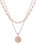 M MOOHAM Valentines Gifts for Women Teen Girls, 14K-Gold-Plated Initial Necklaces for Women Cute Hexagon Letter Initial Necklace Layered Necklaces for Womens Teen Girl Valentines Jewelry Gifts