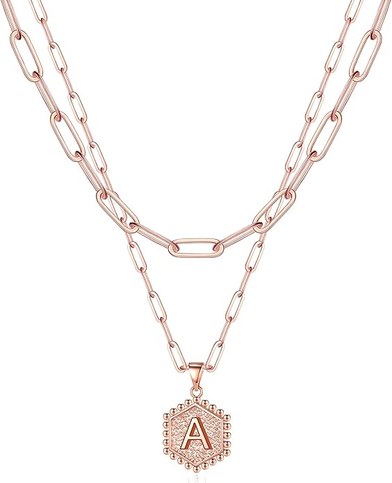 M MOOHAM Valentines Gifts for Women Teen Girls, 14K-Gold-Plated Initial Necklaces for Women Cute Hexagon Letter Initial Necklace Layered Necklaces for Womens Teen Girl Valentines Jewelry Gifts