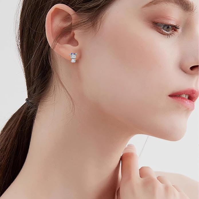 Axolotl/Highland Cow/Panda/Giraffe Stud Earrings 925 Sterling Silver Cute Animal Earrings with with Colored Zircon Animal Jewelry Gift for Girls Women