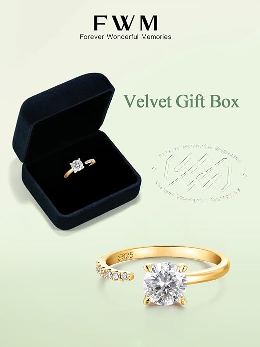 FWM Round Cut Moissanite Simple Open Rings for Women, Adjustable Ring, Solid Sterling Silver With Gold Plated, Stackable Wedding Band, Anniversary Valentines Mothers Day Christmas Gift