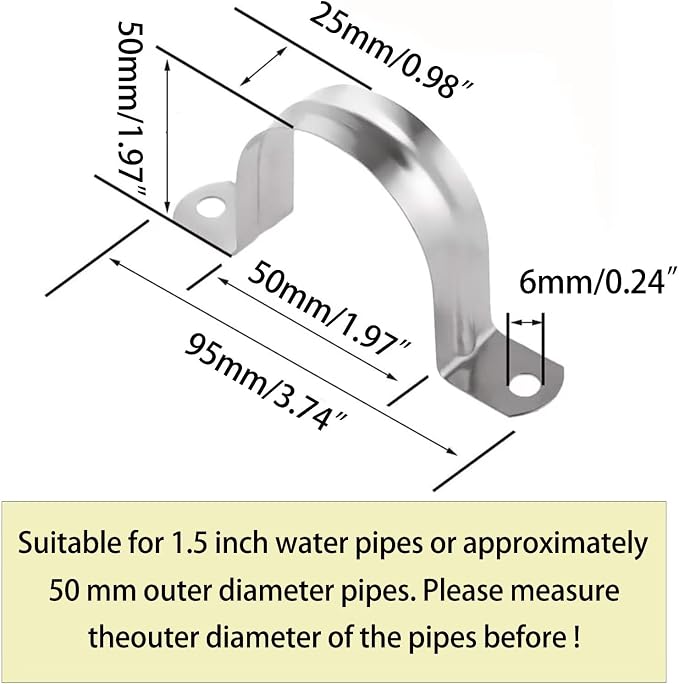 1.5inch Rigid Support Pipe Strap, 2 Hole U-Tube Strap Clamp, Stainless Steel - Image 2