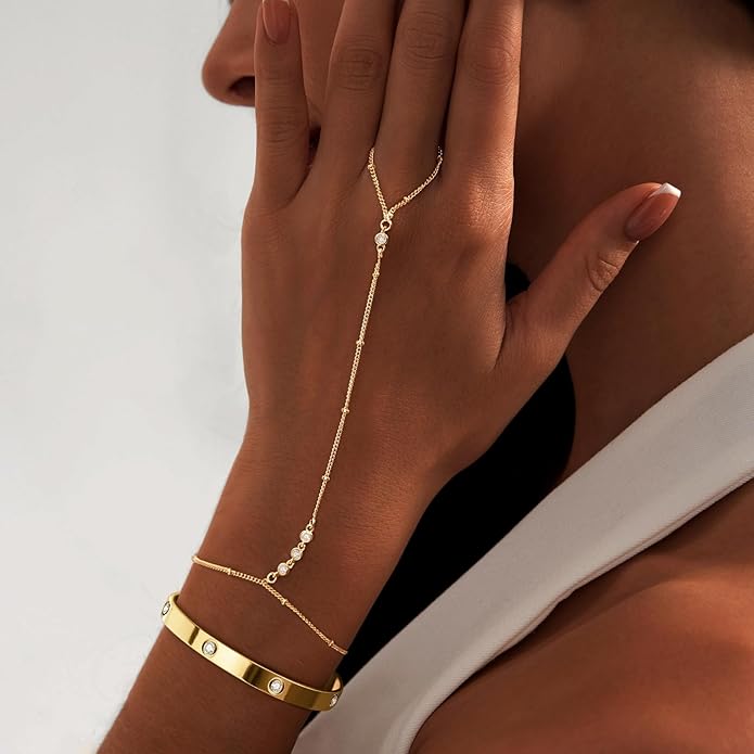 My Queen Gold Bracelets for Women 14K Gold Plated Dainty Stackable Hand Chain Bracelet Trendy Ring Chain Bangle Cuff Bracelets Adjustable Body Jewelry Set Gifts