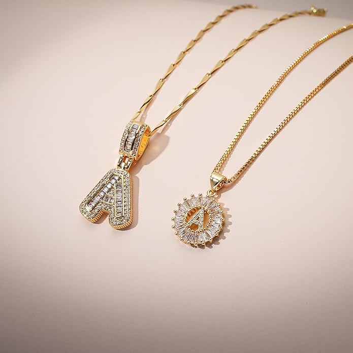 Letter Necklace 14k Gold Plated Bling Dainty Necklaces Trendy Chunky Custom Name Necklace Personalized Round Circle Pendant Zirconia Letters Name Crystal Jewelry Gifts for Women