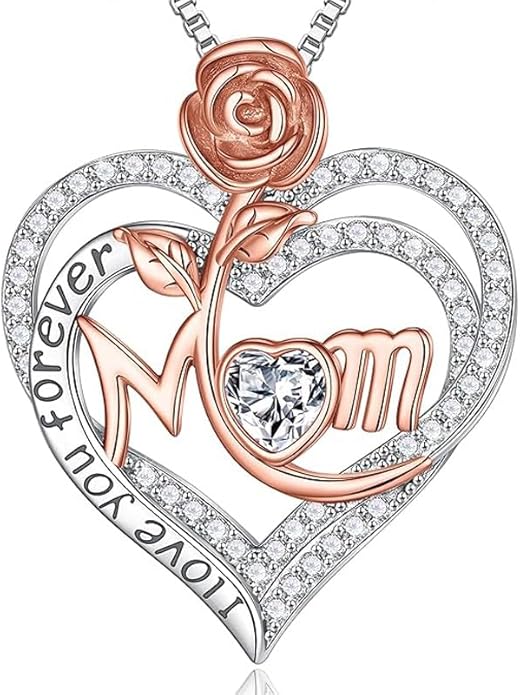 Rose Birthstone Gifts for Mom, S925 Sterling Silver Rose Heart Pendant Birthstone Necklace Mothers Day Valentines Day Christmas Birthday Jewelry Gifts for Mom