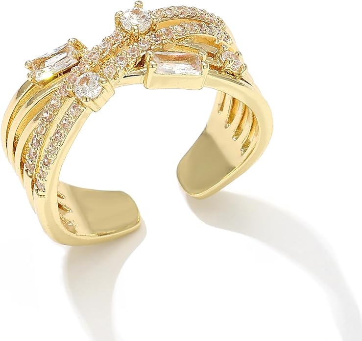 18K Gold Plated Cubiz Zirconia Wedding Engagement Wide Adjustable Band Ring for Women